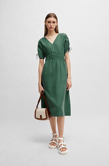 Slim-fit midi dress with gathered sleeves, Dark Green