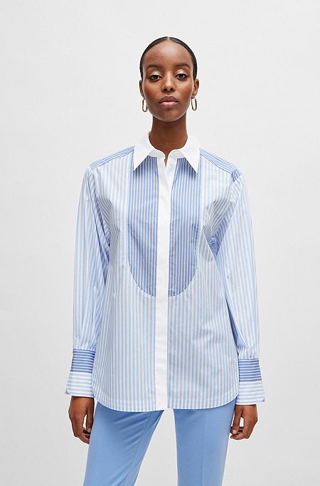 Pure-cotton blouse with mixed vertical stripes, Blue Patterned