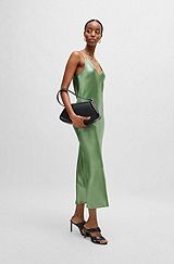 Evening dress in liquid-soft fabric with layered neckline, Light Green