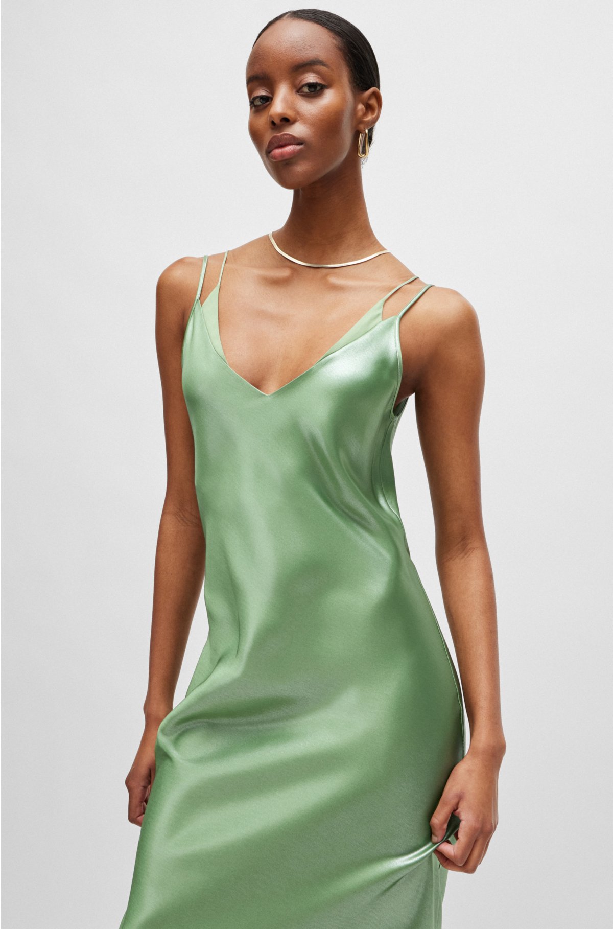 Evening dress in liquid-soft fabric with layered neckline, Light Green