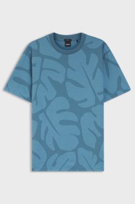 Cotton T-shirt with two-tone monstera-leaf pattern, Light Blue