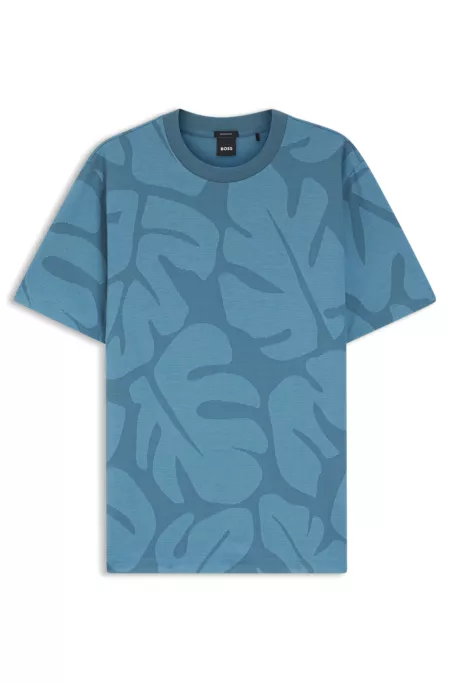 Cotton T-shirt with two-tone monstera-leaf pattern