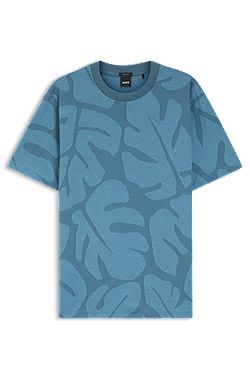 Cotton T-shirt with two-tone monstera-leaf pattern