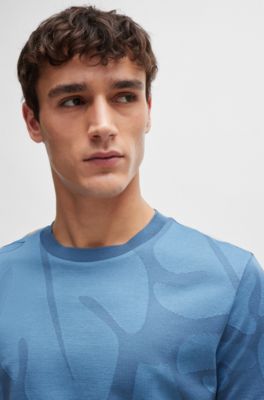 Cotton T-shirt with two-tone monstera-leaf pattern, Light Blue