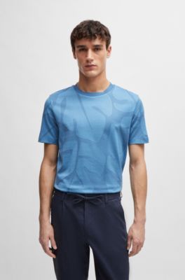 Cotton T-shirt with two-tone monstera-leaf pattern, Light Blue
