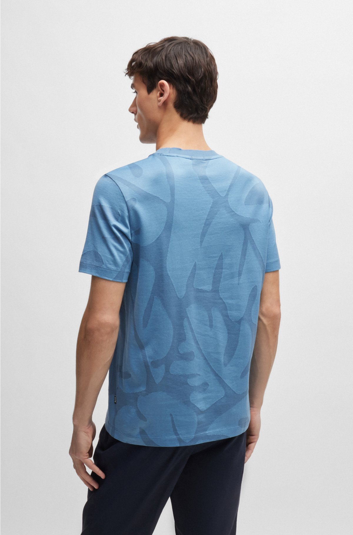 Cotton T-shirt with two-tone monstera-leaf pattern, Light Blue