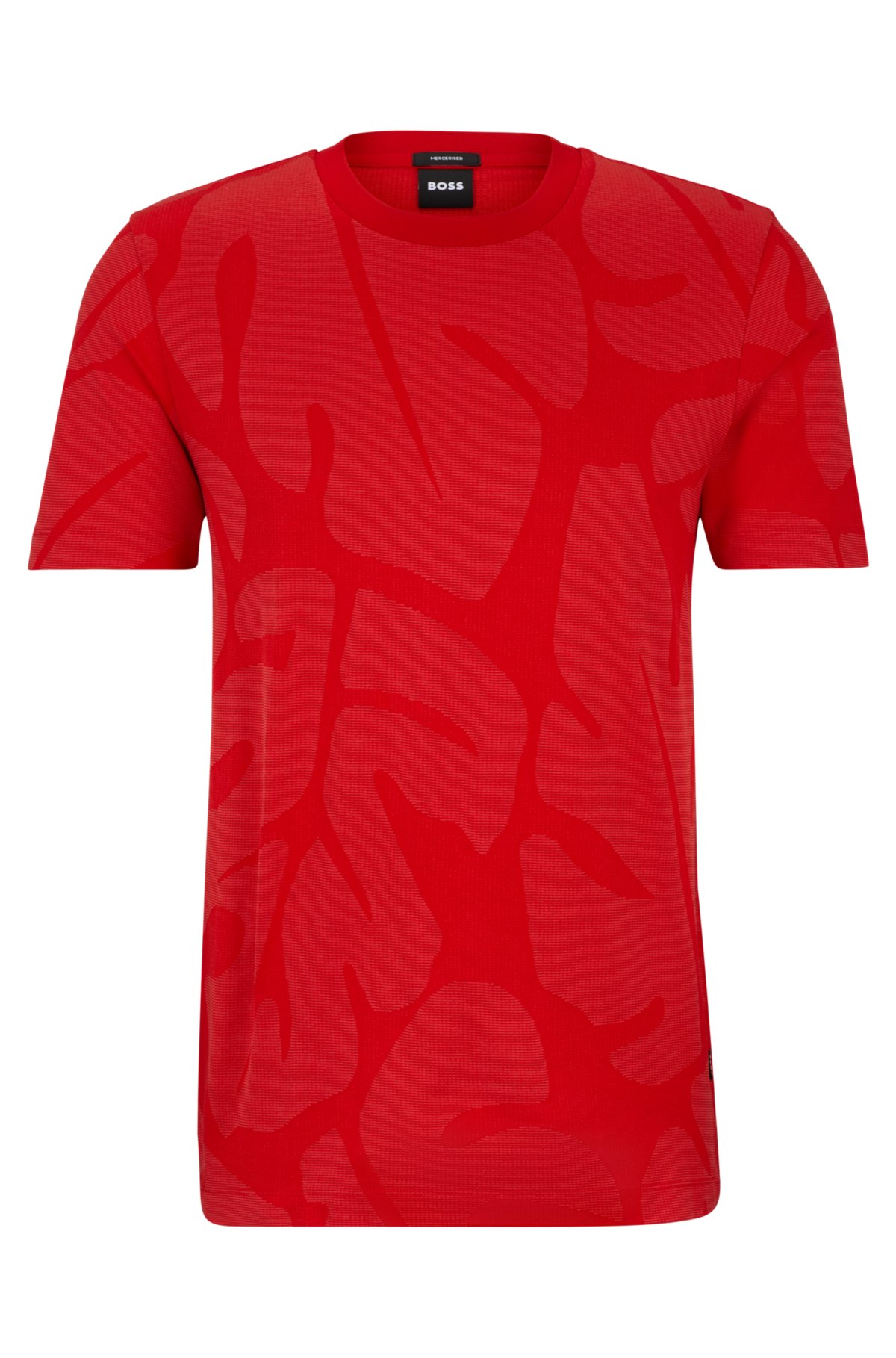 Cotton T-shirt with two-tone monstera-leaf pattern, Red
