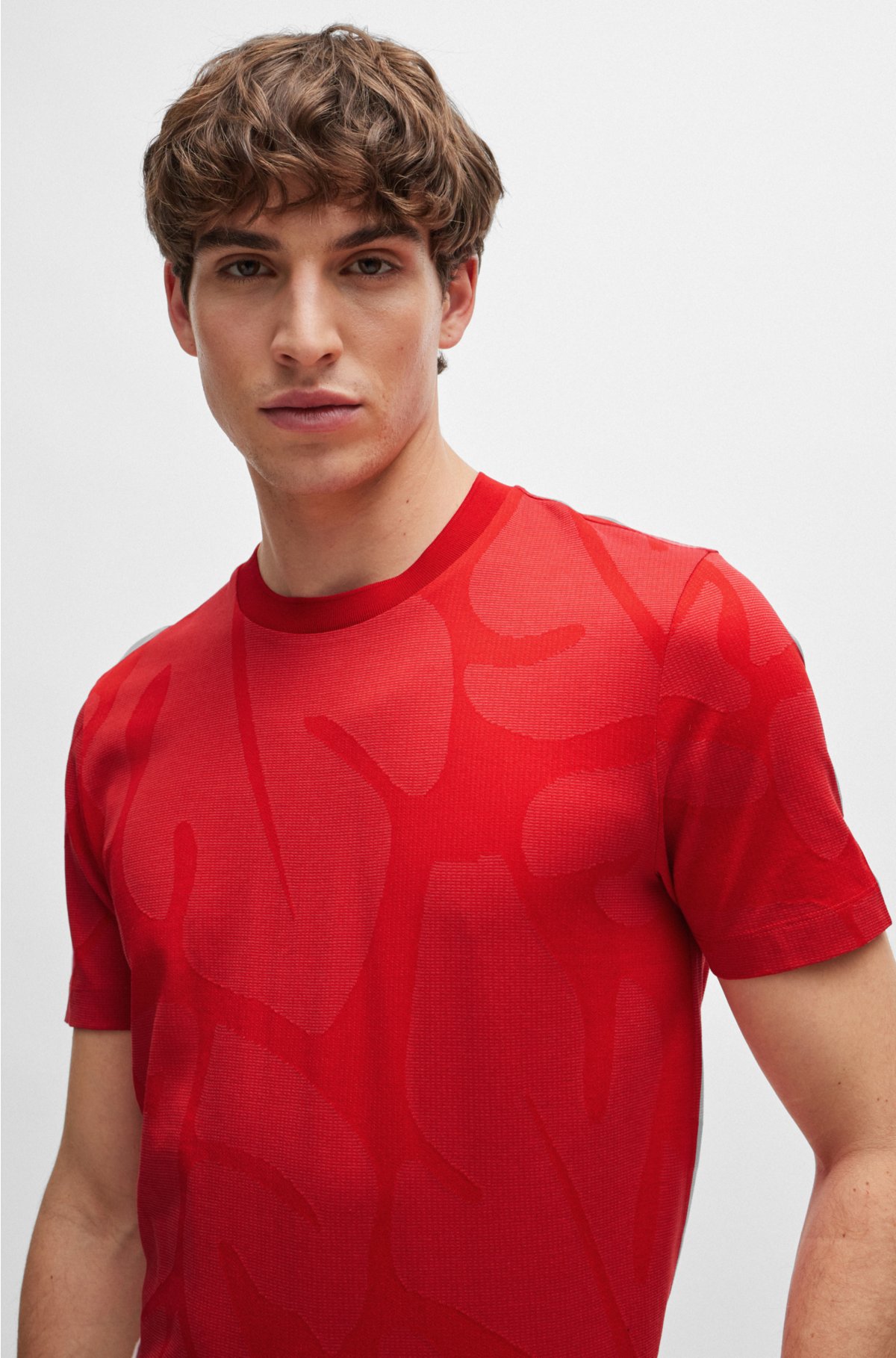 Cotton T-shirt with two-tone monstera-leaf pattern, Red