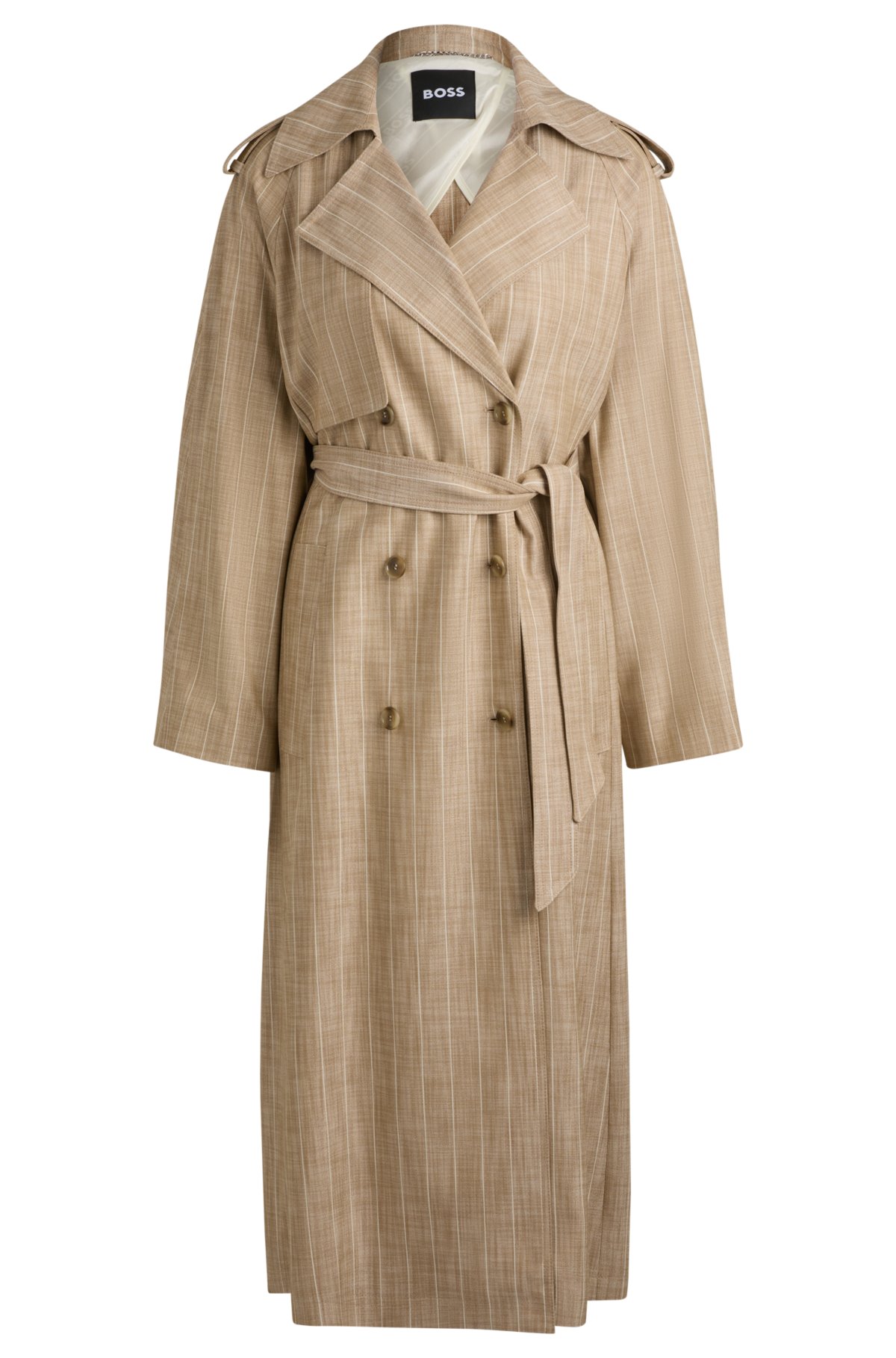 Double-breasted trench coat in pinstripe material, Beige