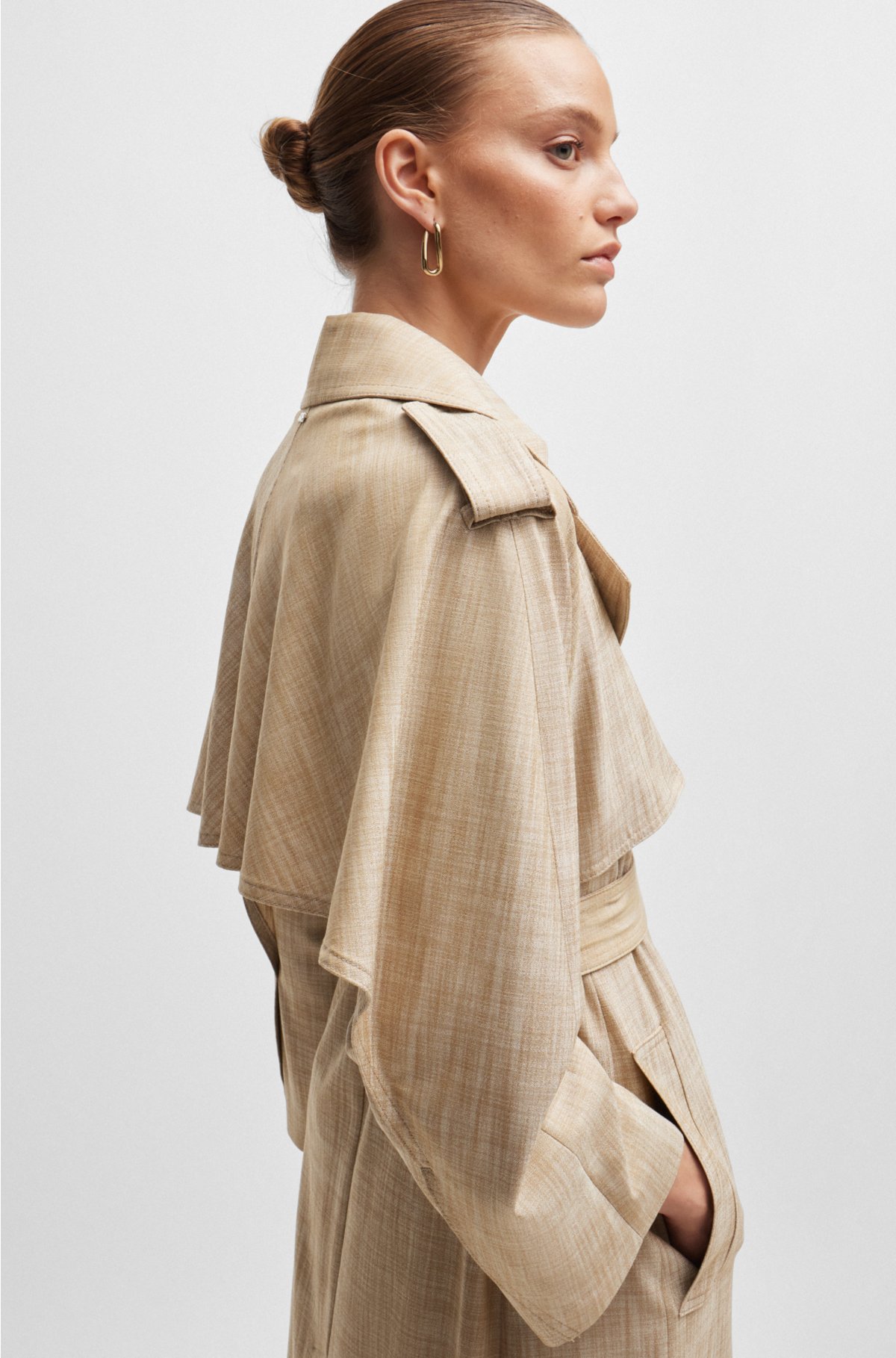 Double-breasted trench coat in pinstripe material, Beige