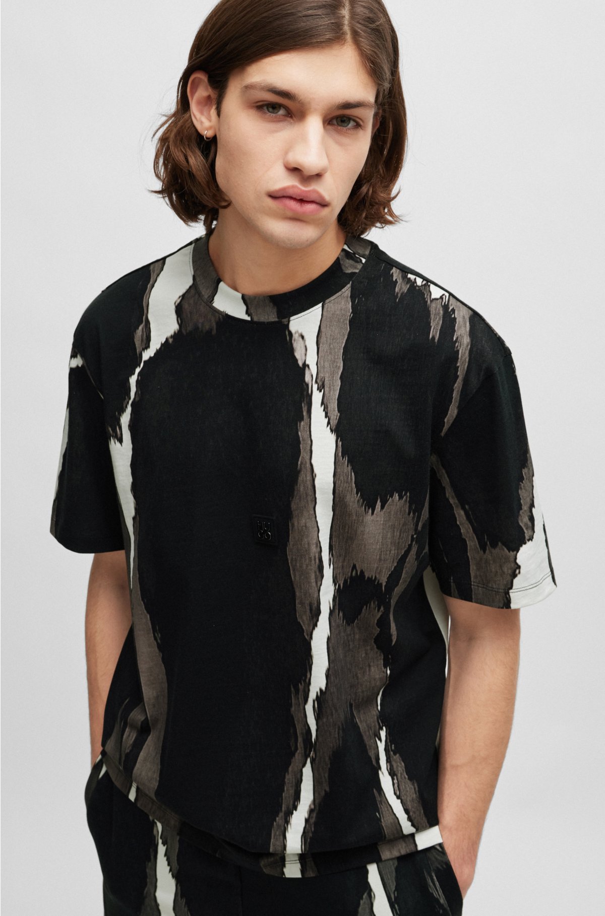 Cotton-jersey T-shirt with seasonal print and stacked logo , Black