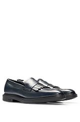 Apron-toe loafers in leather with fringe trim, Dark Blue