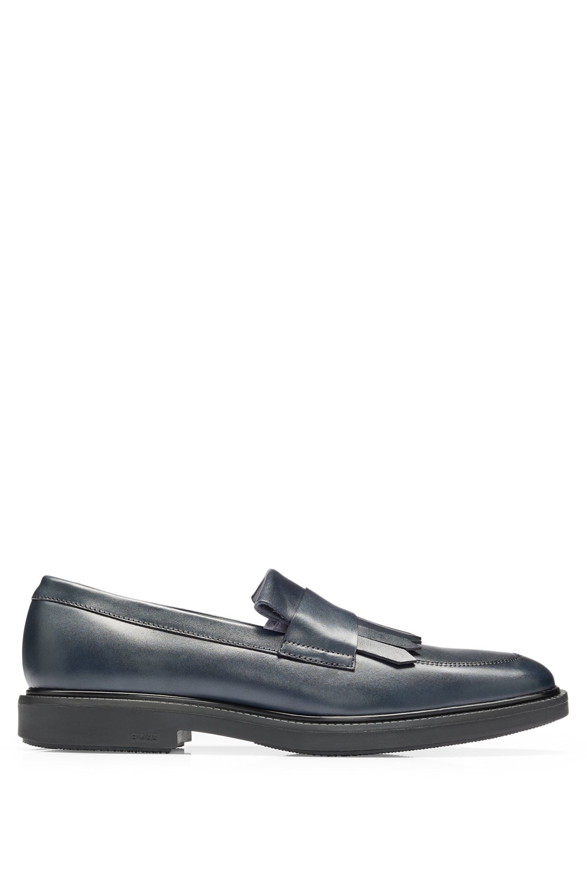 Apron-toe loafers in leather with fringe trim, Dark Blue