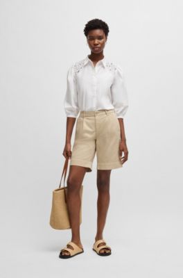 Shorts relaxed fit a vita alta n cotone elasticizzato, Beige chiaro