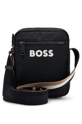 BOSS - Contrast-logo cross-body bag with signature-stripe strap