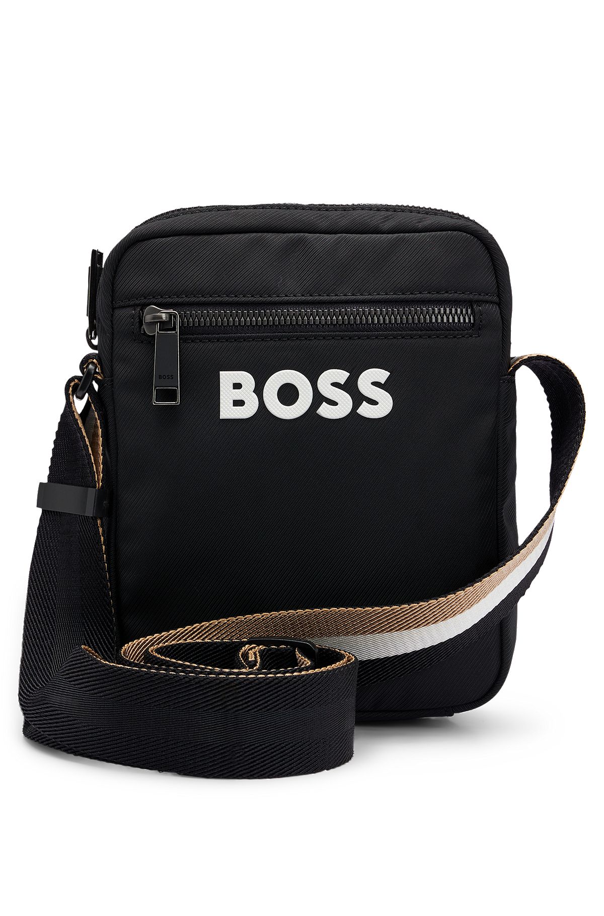 Contrast-logo cross-body bag with signature-stripe strap, Black