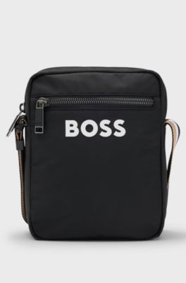 Crossbody bag in structured fabric with raised logo, Black