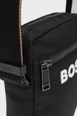 Borsa a tracolla in tessuto lavorato con logo in rilievo, Nero