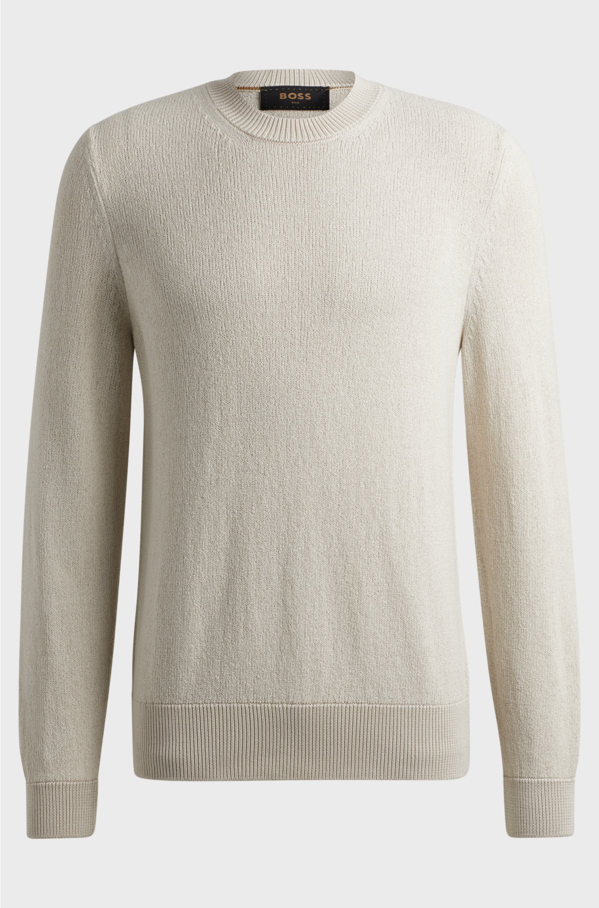 Regular-fit sweater in bouclé silk with ribbed cuffs, Natural