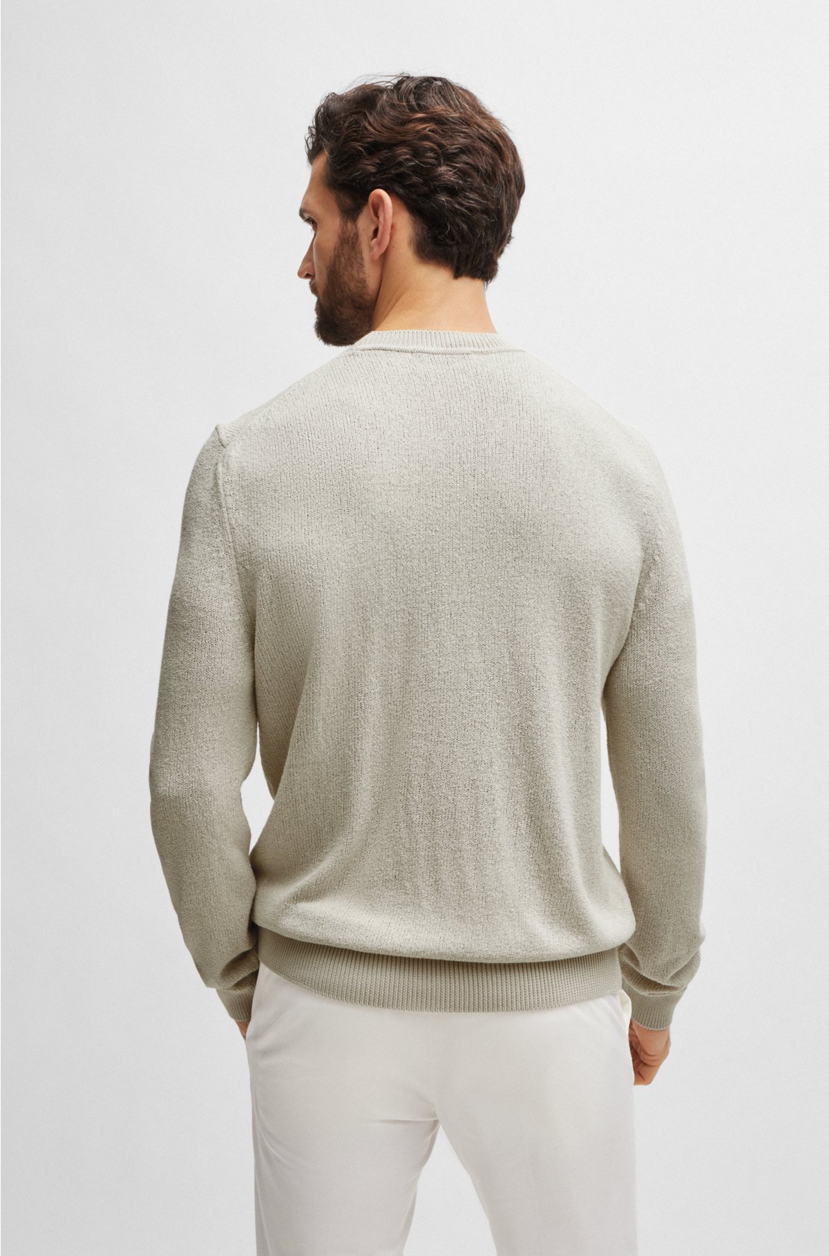 Regular-fit sweater in bouclé silk with ribbed cuffs, Natural