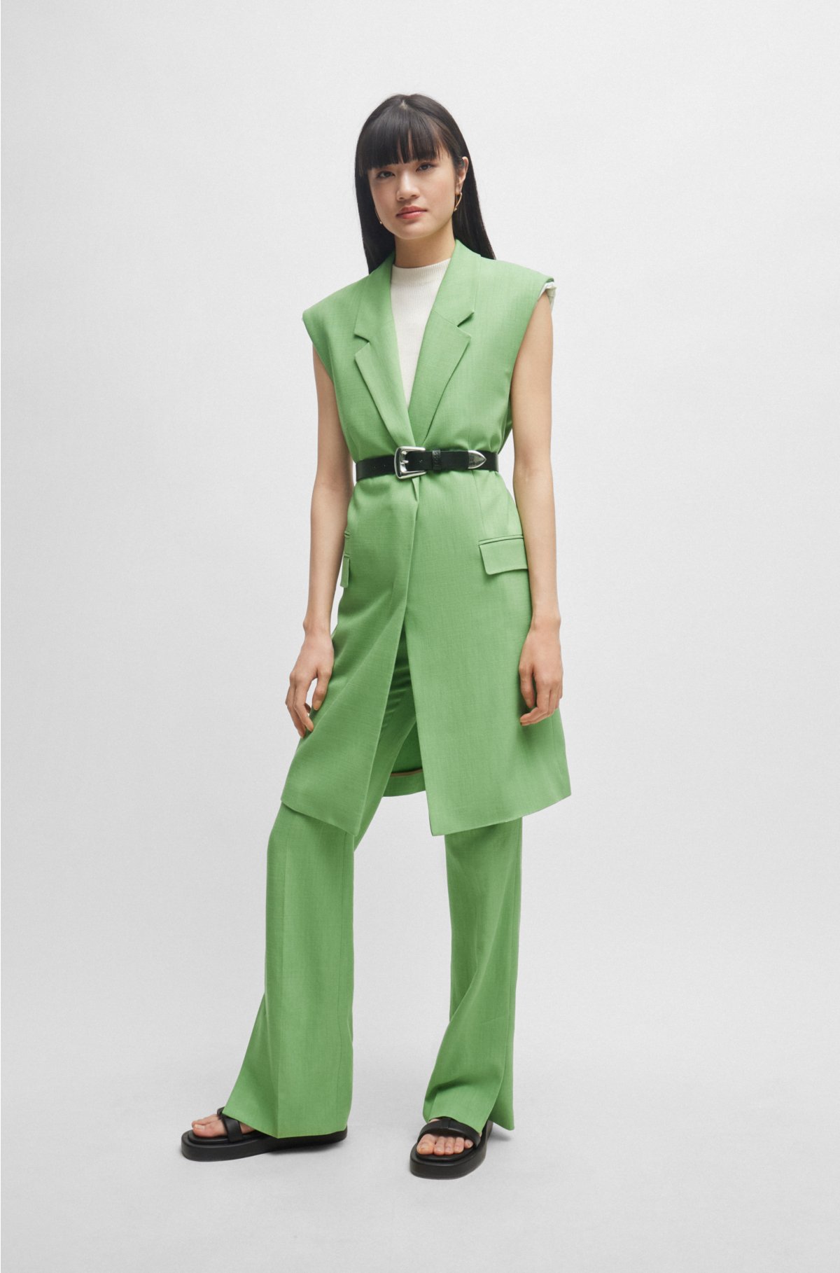 Slim-fit trousers with flared leg in stretch material, Green