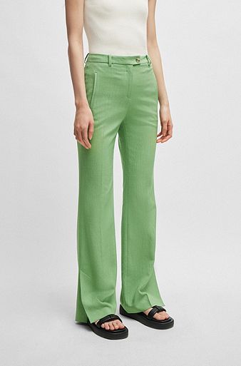 Slim-fit trousers with flared leg in stretch material, Green