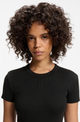 コットンブレンド スリムフィットTシャツ ロゴエンブロイダリー, ブラック