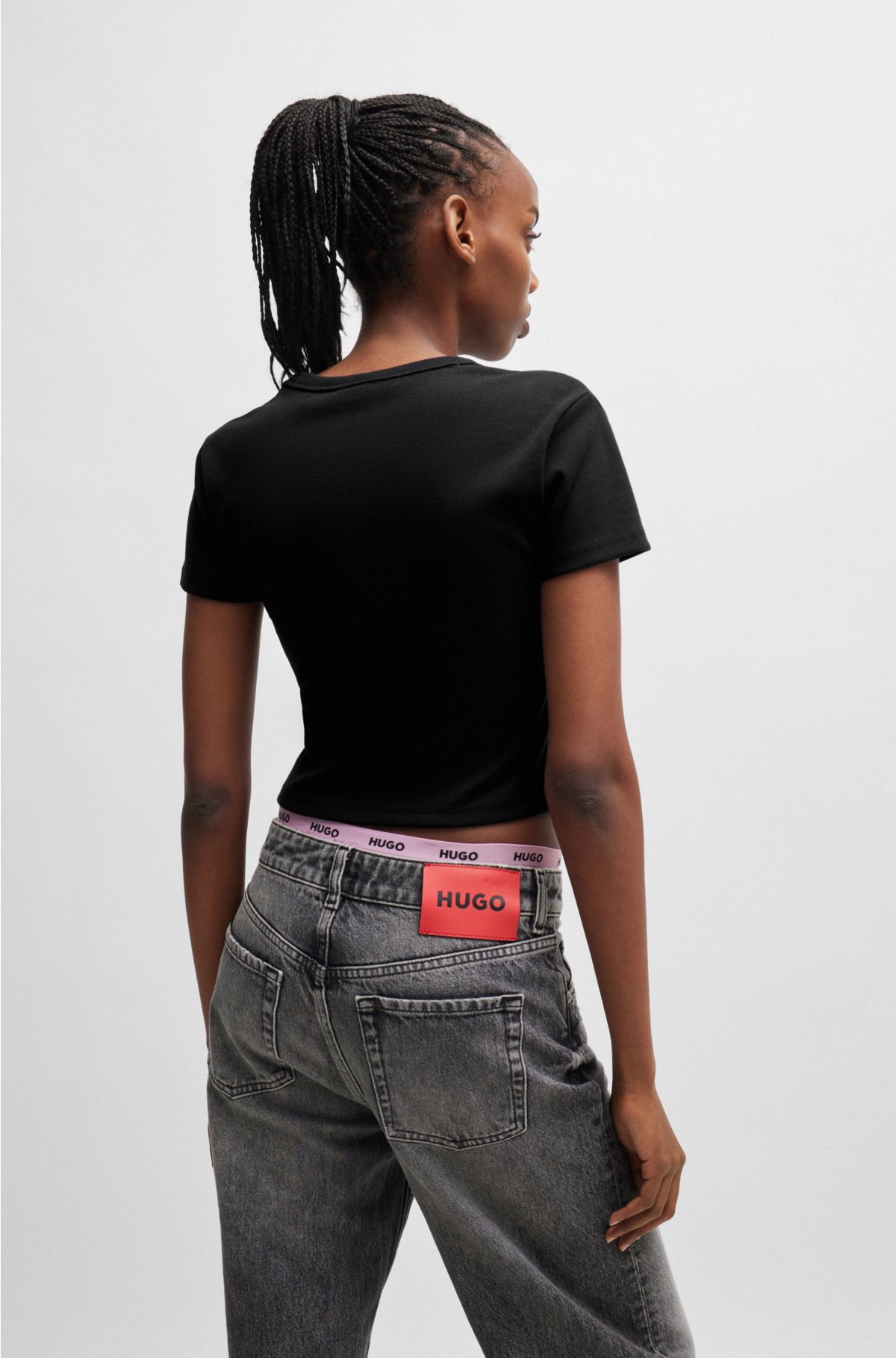 Cotton-blend cropped slim-fit T-shirt with stacked logo, Black