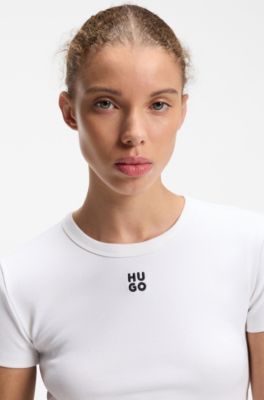 Slim fit T-shirt i bomullsblandning med broderad logga, Vit