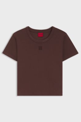 Slim fit T-shirt i bomullsblandning med broderad logga, M&ouml;rkbrun