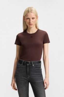 Cotton-blend slim-fit T-shirt with embroidered logo, Dark Brown
