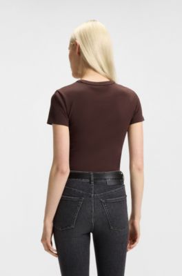 Cotton-blend slim-fit T-shirt with embroidered logo, Dark Brown