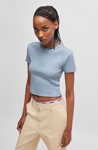Cotton-blend cropped slim-fit T-shirt with stacked logo, Light Purple