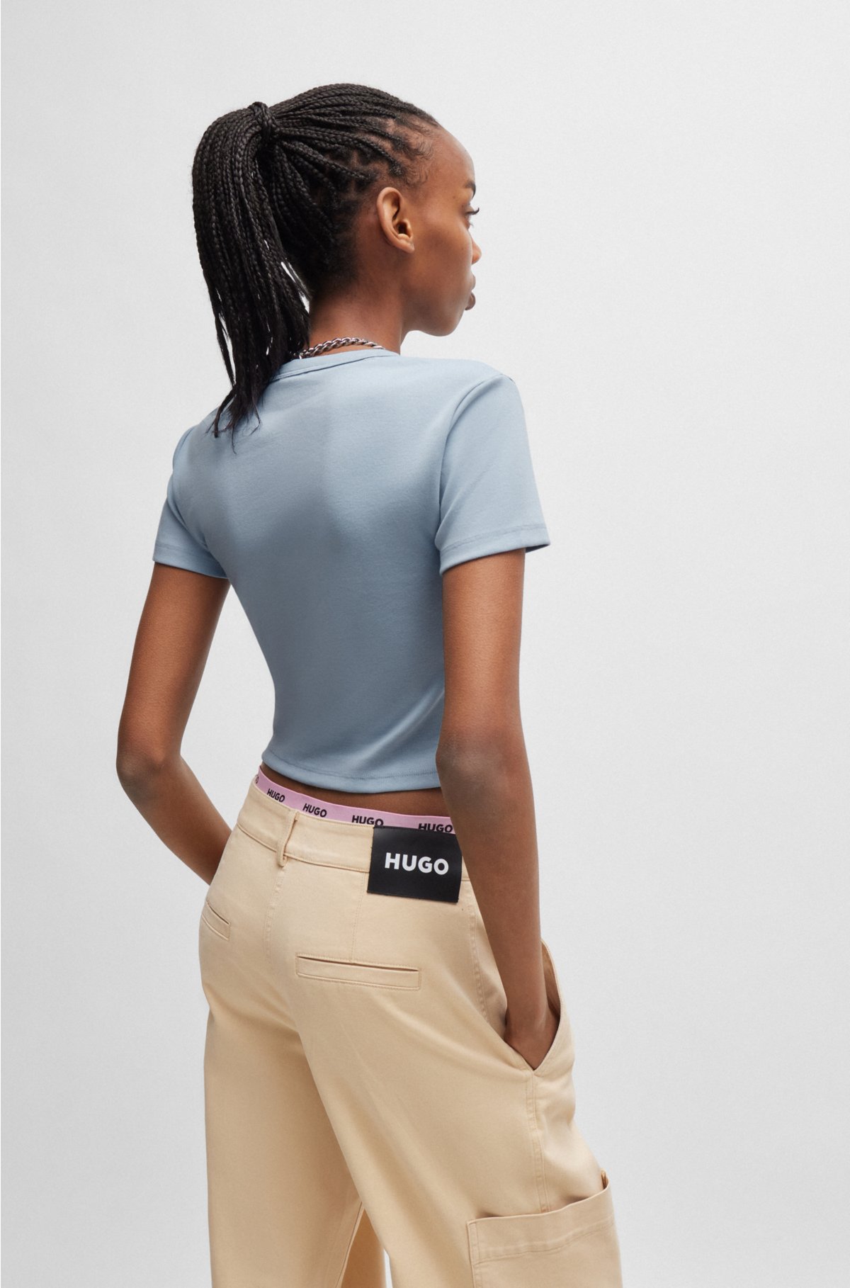 Cotton-blend cropped slim-fit T-shirt with stacked logo, Light Blue