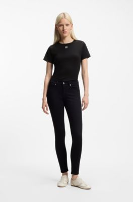 Camiseta regular fit con logo apilado bordado, Negro