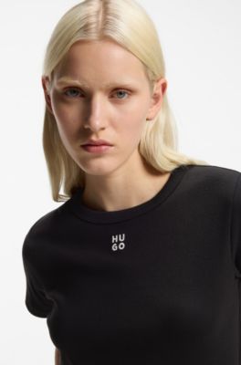 Regular-fit T-shirt with stacked-logo embroidery, Black
