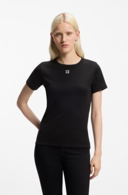 Regular-fit T-shirt with stacked-logo embroidery, Black