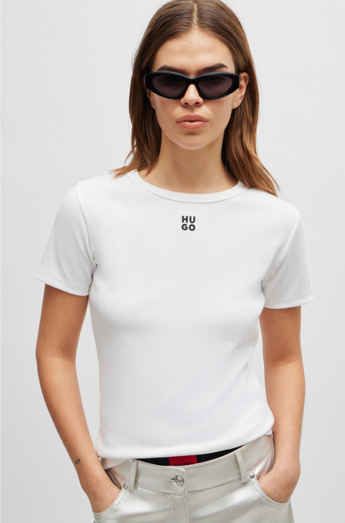 Cotton-blend T-shirt with embroidered stacked logo, White