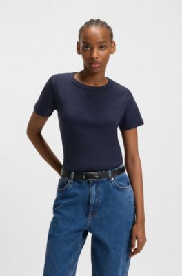 Regular-fit T-shirt with stacked-logo embroidery, Dark Blue