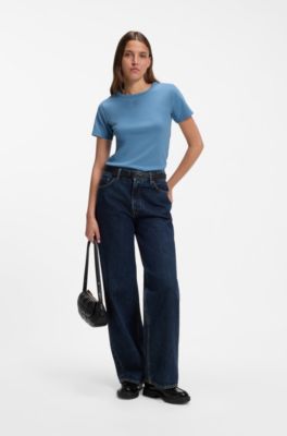 Regular-fit T-shirt with stacked-logo embroidery, Light Blue