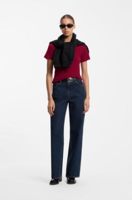 Regular-fit T-shirt with stacked-logo embroidery, Dark Red