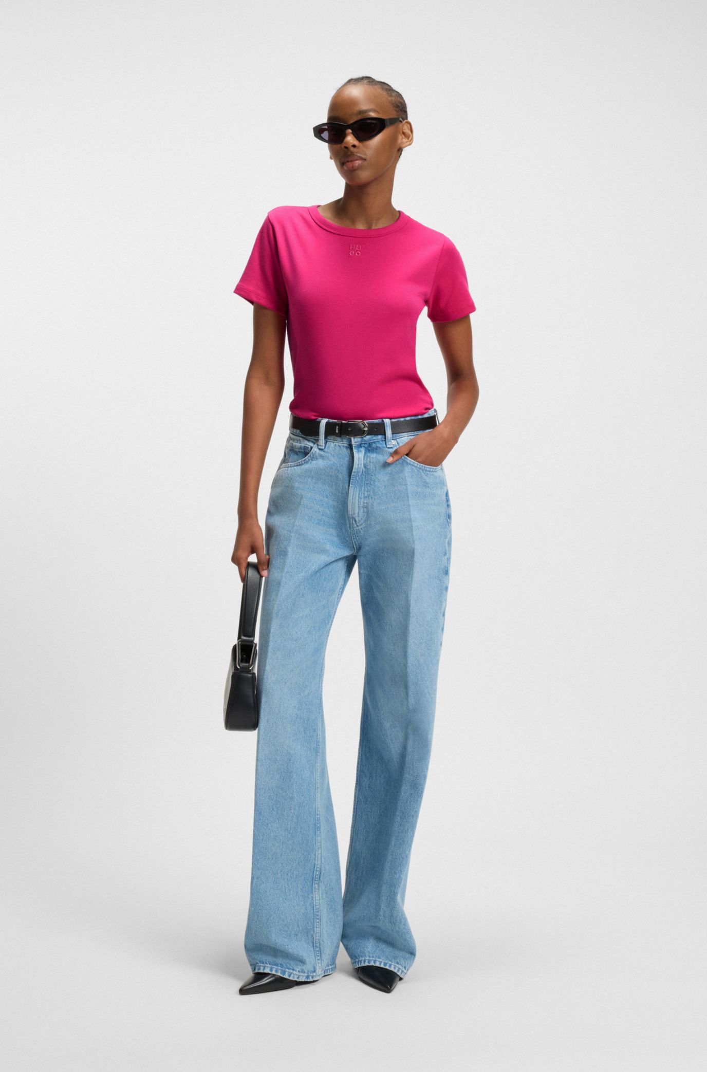 Cotton-blend T-shirt with stacked-logo embroidery, Pink