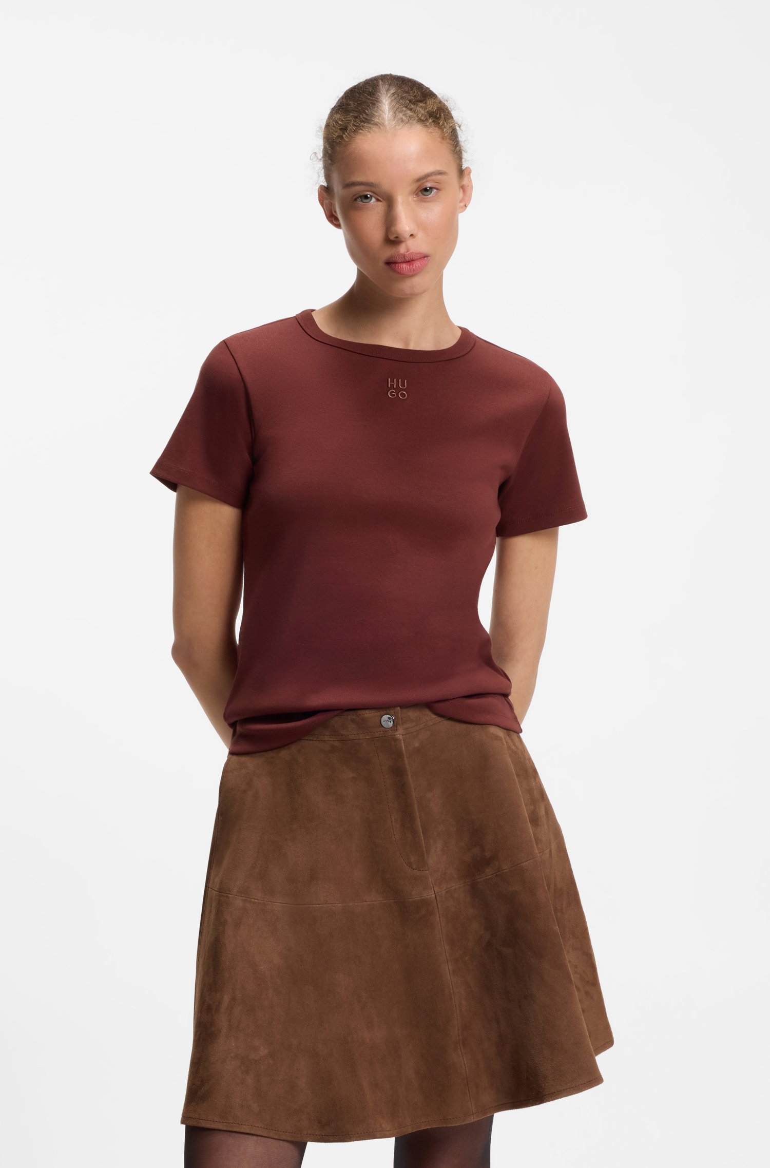 Hugo Regular-fit T-shirt with stacked-logo embroidery dam