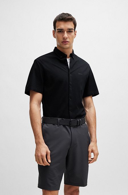 Regular-fit shirt in cotton piqué jersey, Black