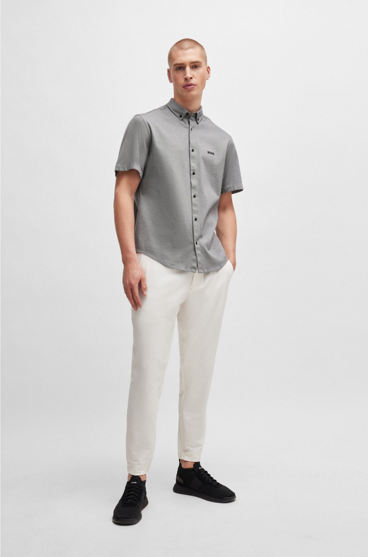 Regular-fit shirt in cotton piqué jersey, Light Grey