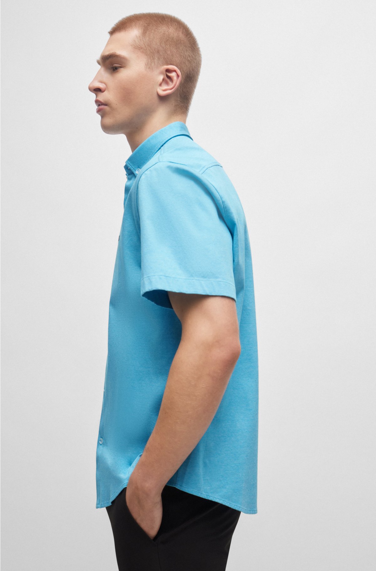Regular-fit shirt in cotton piqué jersey, Turquoise