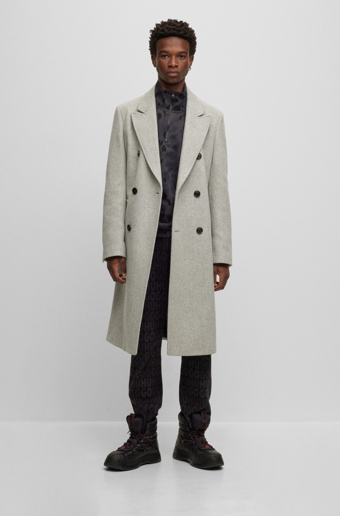 HUGO - Double-breasted slim-fit coat in wool-blend twill