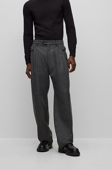 Relaxed-fit trousers in virgin wool with buttoned pockets, Grey
