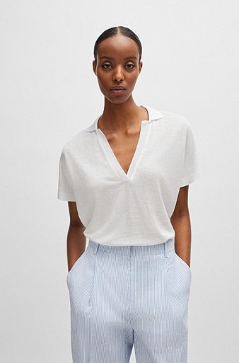Linen-blend top with Johnny collar, White