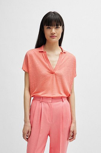Linen-blend top with Johnny collar, Coral